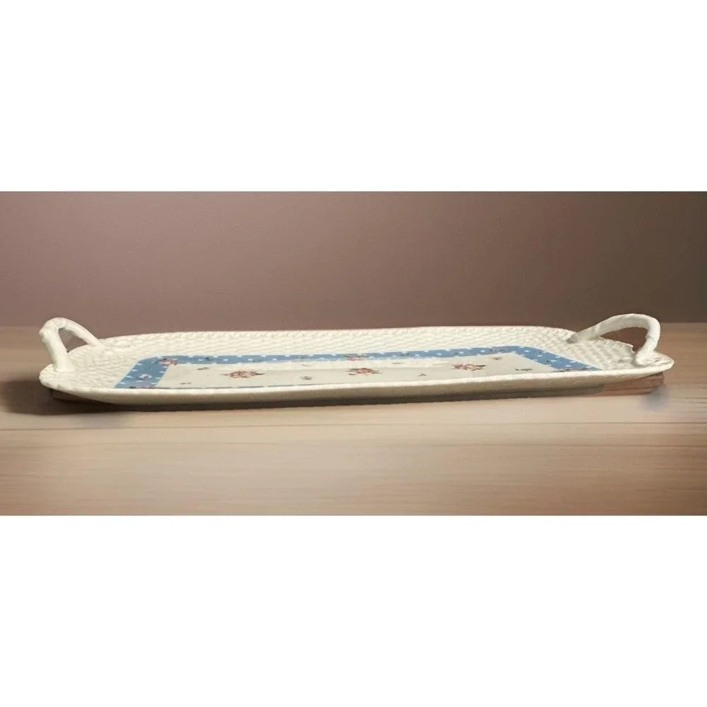Nantucket Home Blue Polka Dot Rose Floral Wicker Embossed Handled Tray 14 5/8